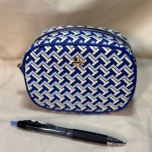 Tory Burch Blue & White Geometric Logo Cosmetic Pouch